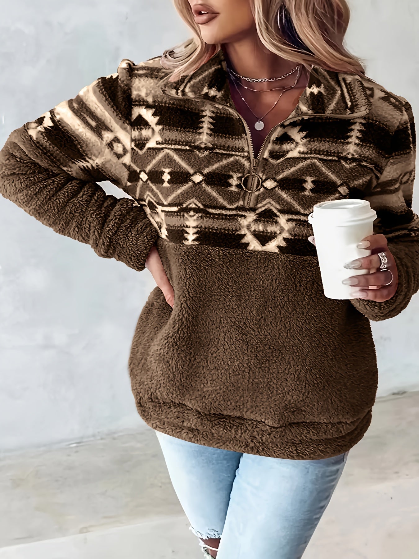 Felicia - Cozy stylish loose half-zip fleece sweater