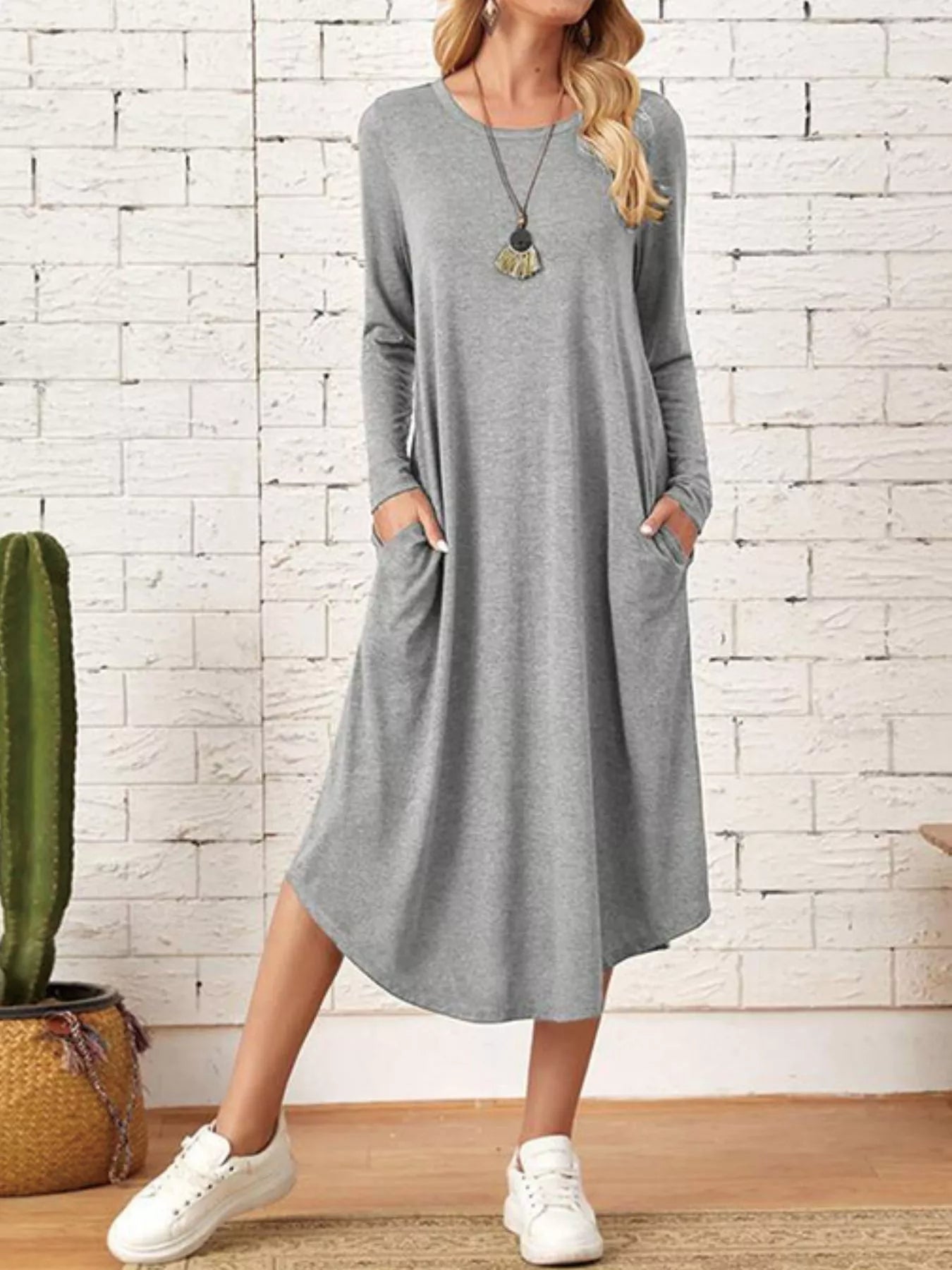 Livie - Casual long sleeve pocket midi dress
