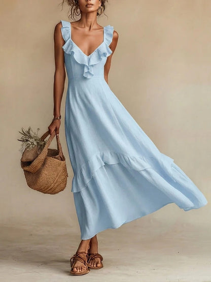 Monnica - Elegant ruffled front V-neck flowy dress