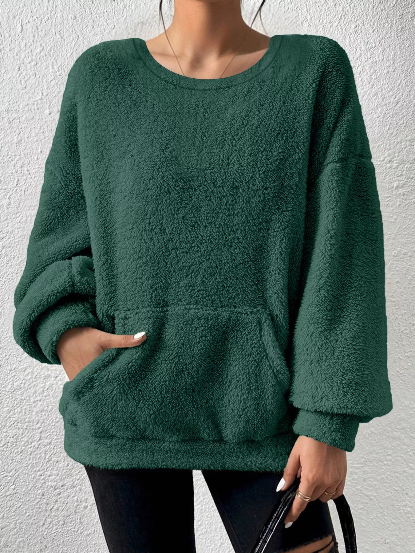 Jiana - Cozy fleece round neck dropped shoulder warm sweater