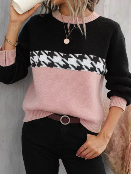 Lucie - Casual color block houndstooth knit sweater