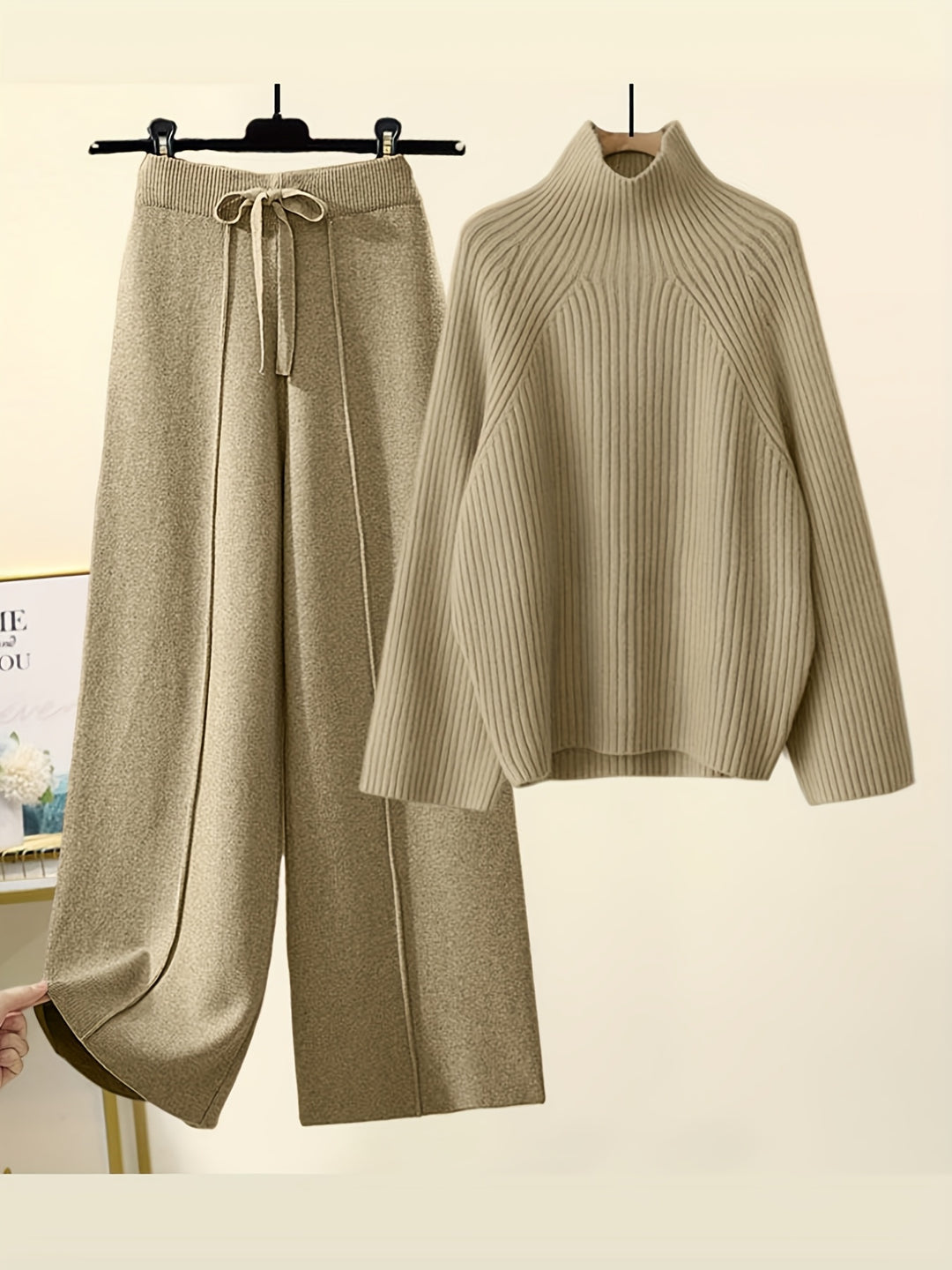 Jazelle - Cozy knitted warm sweater and loose wide leg pants set