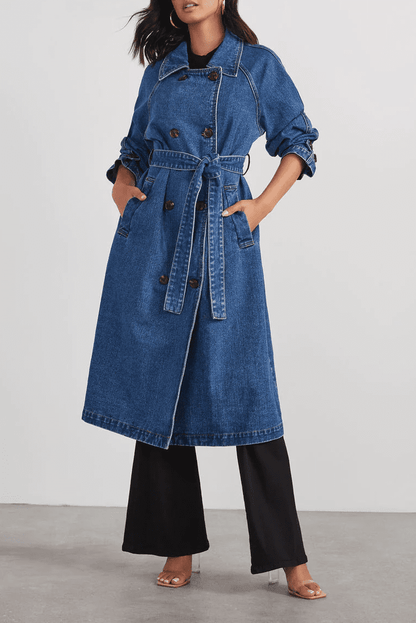 Yesemia - Elegant long denim trenchcoat wit belt