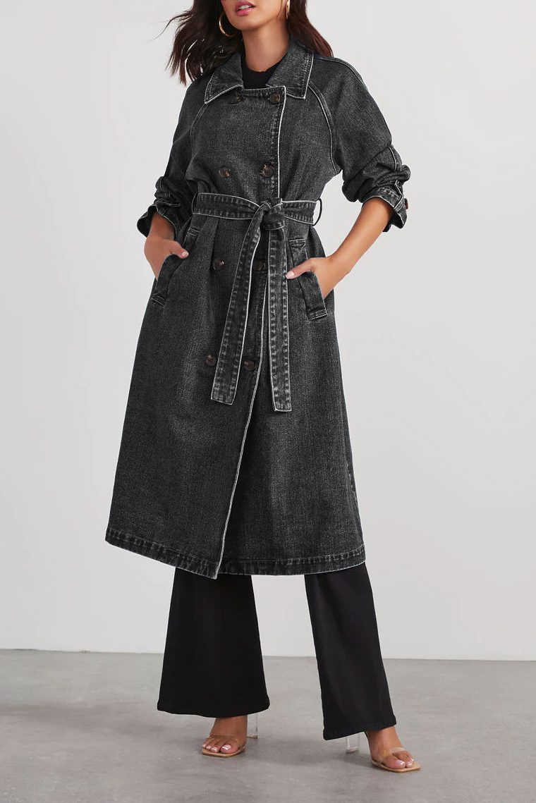 Yesemia - Elegant long denim trenchcoat wit belt
