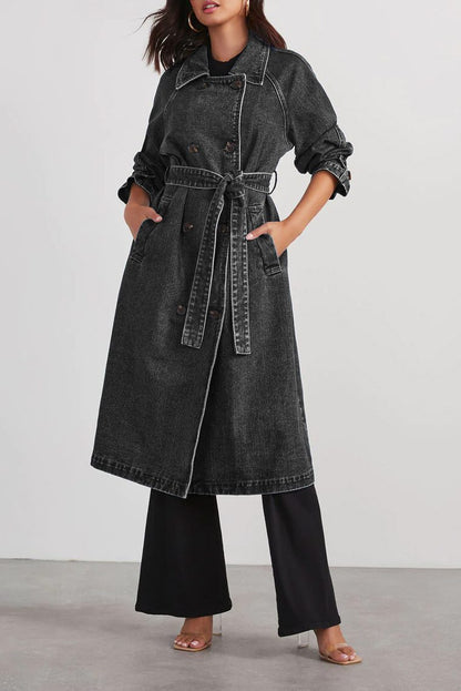 Yesemia - Elegant long denim trenchcoat wit belt