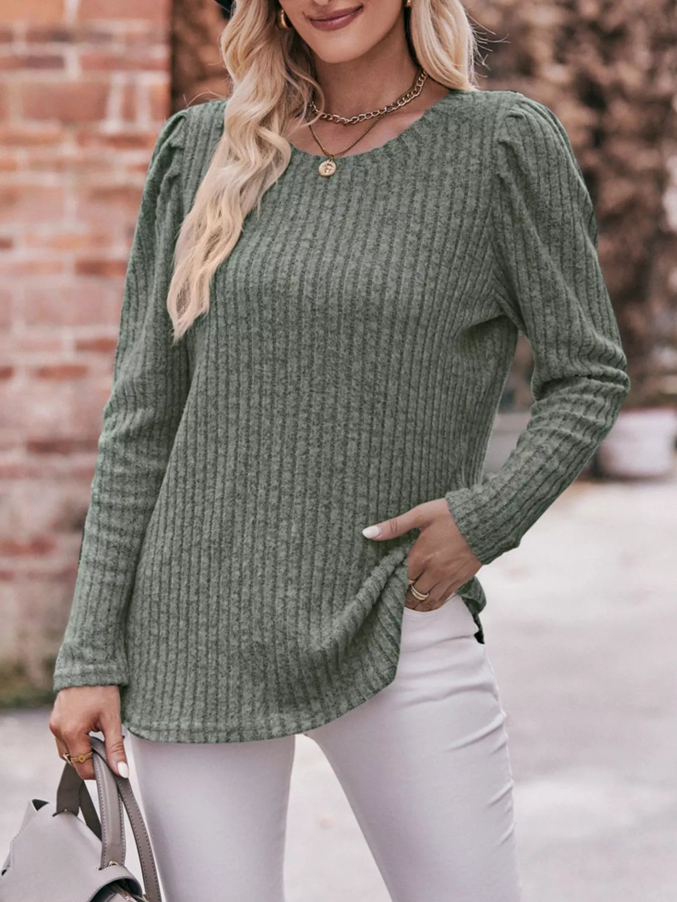 Levona - Chic ribbed knit puff sleeve sweatshirt