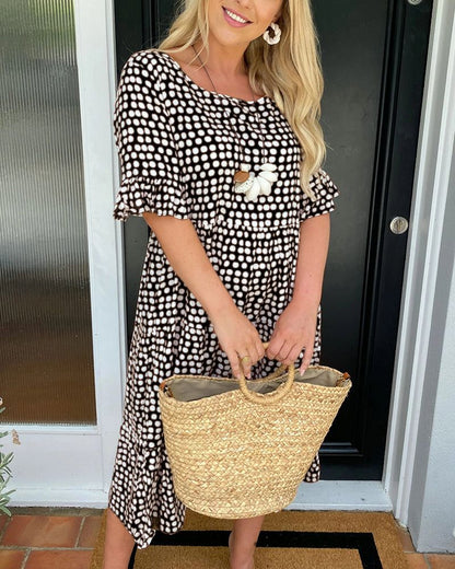 Samaira - Elegant loose polka dot midi dress with short sleeves