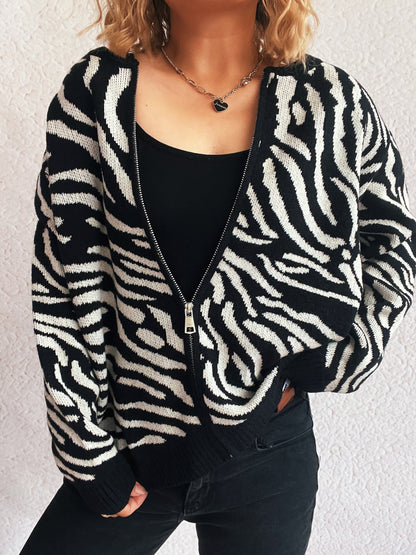 Beatrice - Cozy zebra print zip-up warm cardigan