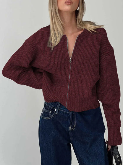 Cathryn - Casual ribbed knitted zip-up long sleeve cardigan