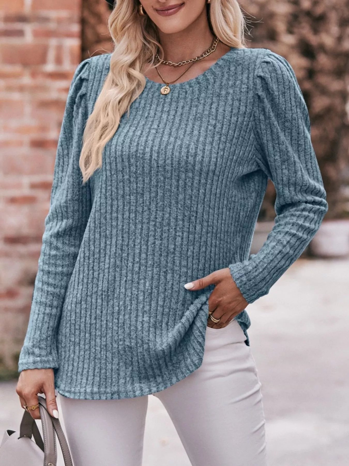 Levona - Chic ribbed knit puff sleeve sweatshirt