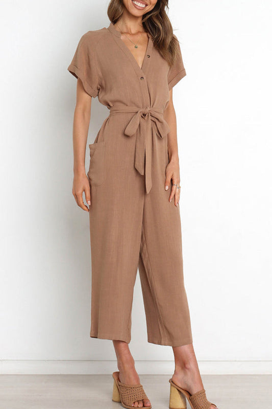 Yasley - Elegant button-front short-sleeve jumpsuit with V-neck and belt