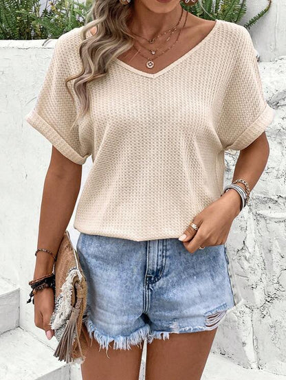 Women’s Summer Crochet Top Casual T-Shirt | Short Sleeve, V-Neck
