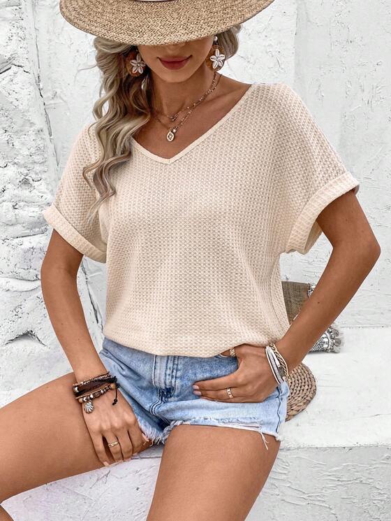 Women’s Summer Crochet Top Casual T-Shirt | Short Sleeve, V-Neck