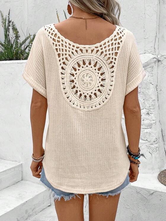Women’s Summer Crochet Top Casual T-Shirt | Short Sleeve, V-Neck