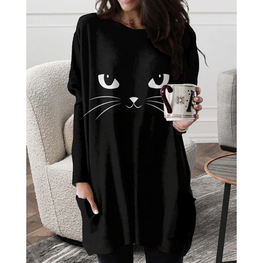 Whiskers & Wool | Playful Cat Motif Long Jumper for Women | Comfy, Chic, Warm