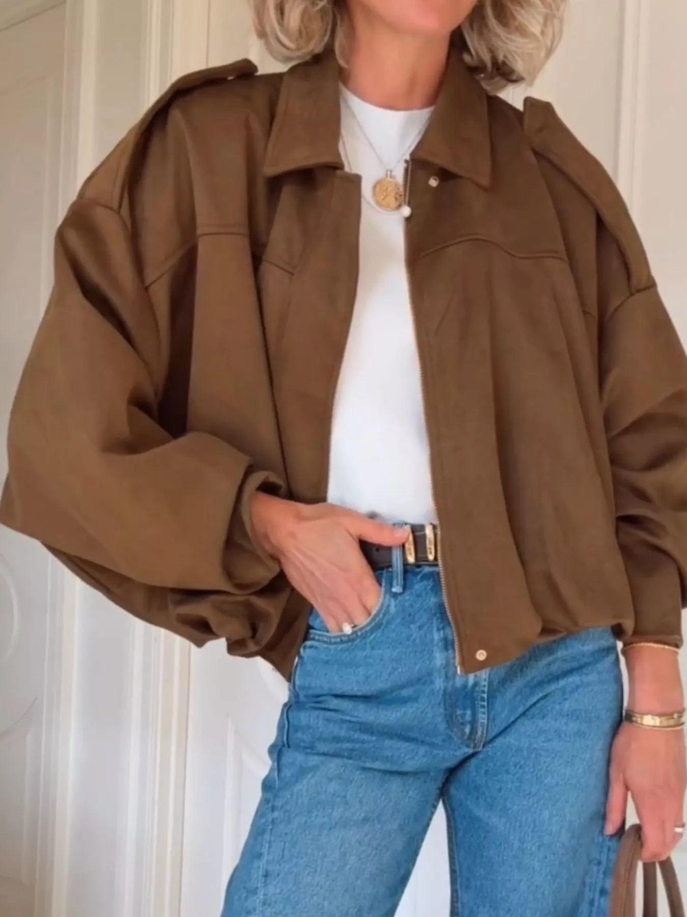 Hattie - Zip-up dropped shoulder suede jacket