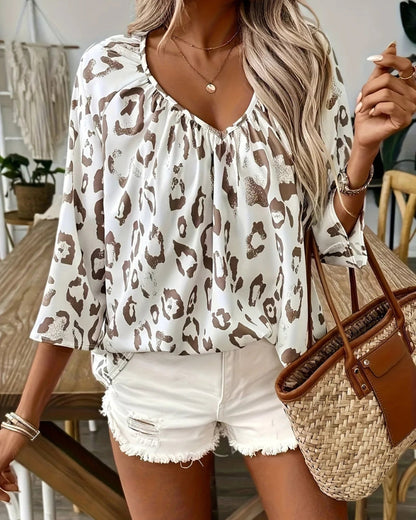 Xylaine - Elegant loose-fit leopard print V-neck long-sleeve blouse