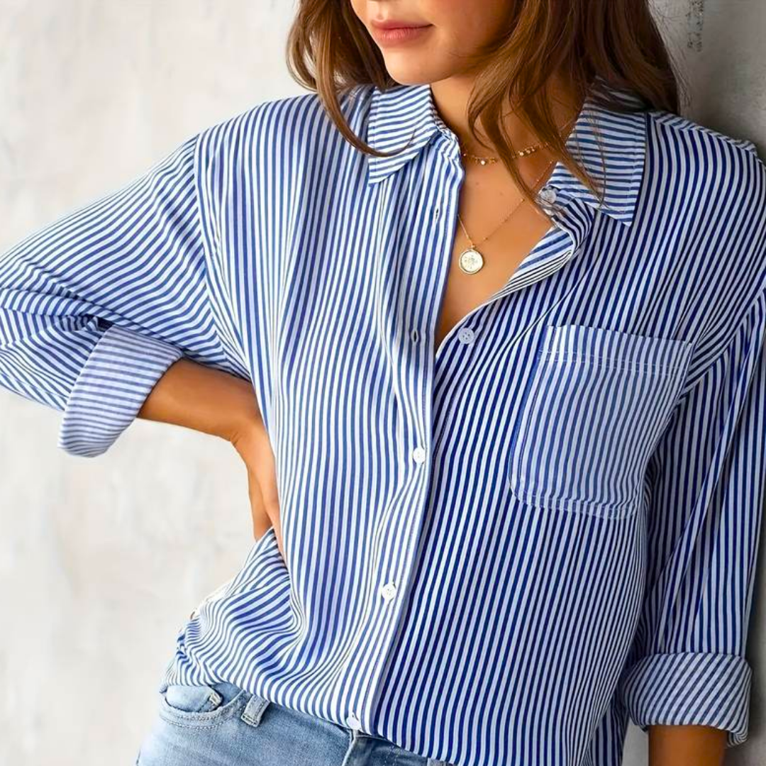 Nyanna - Elegant striped button-up polo blouse