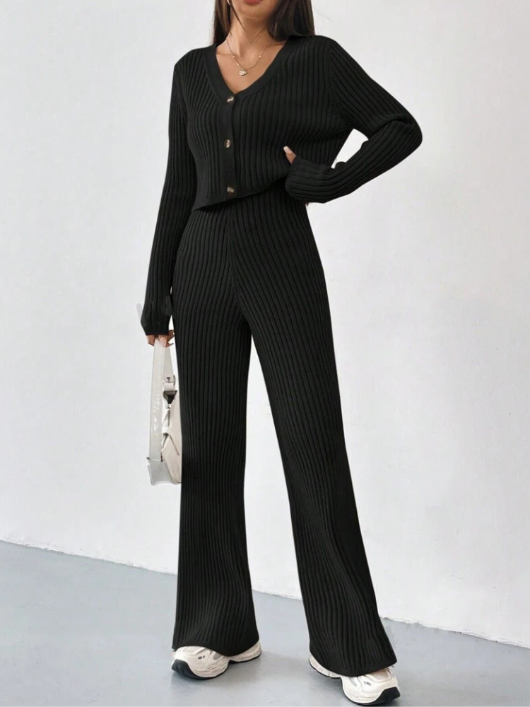 Zariah - Stylish ribbed knitted V-neck sweatshirt and pants set