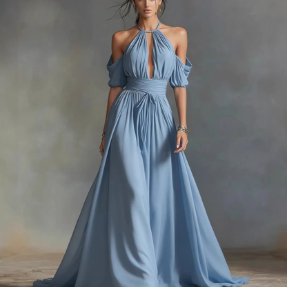 Maggie - Elegant halter neck off shoulder maxi dress