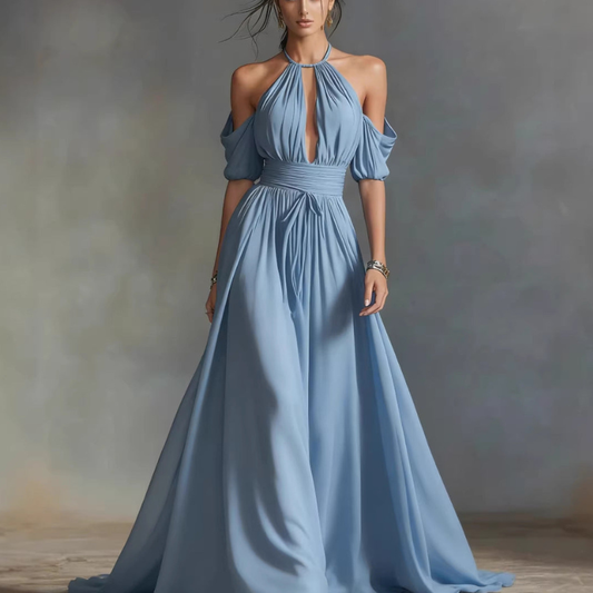 Maggie - Elegant halter neck off shoulder maxi dress