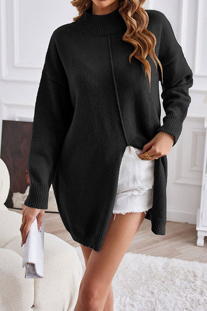 Roxie - Cozy turtleneck long sweater with middle slit