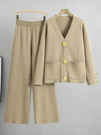 Rika - Elegant Knitted V-Neck Cardigan and Trousers Set