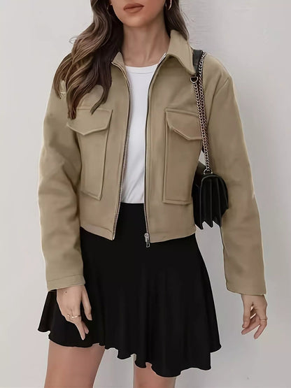 Terra - Elegant cropped zip-up pocketed jacket