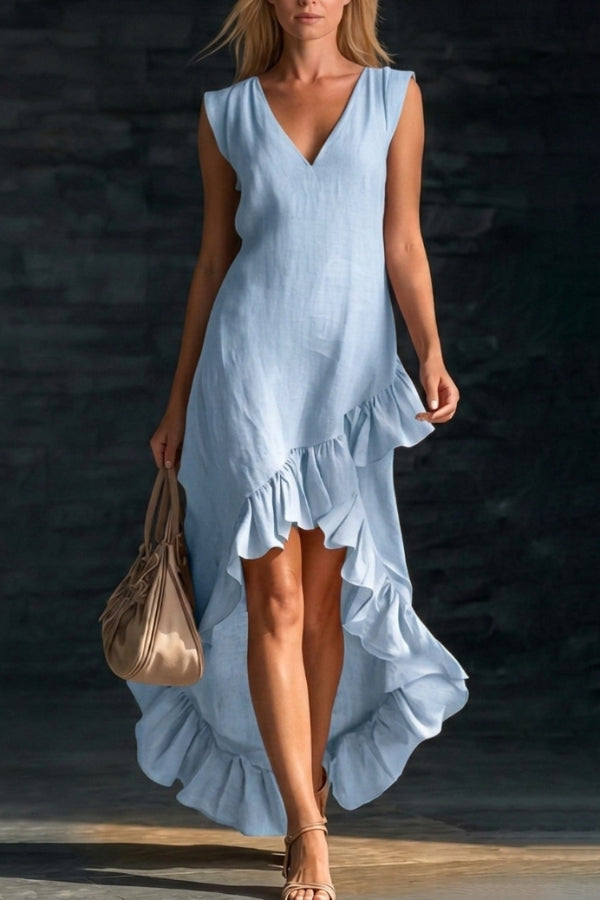 Velinda - Stylish loose V-neck sleeveless ruffled hem maxi dress