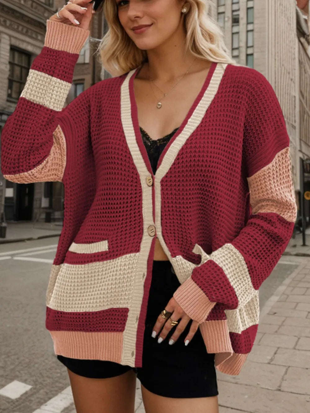 Elvina - Stylish waffle knitted contrast long sleeve cardigan