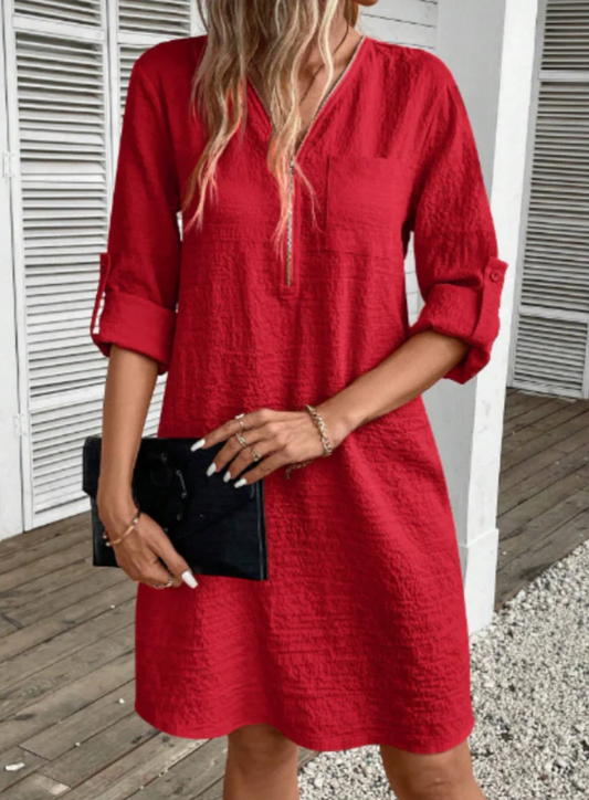 Xyrille - Casual half-sleeve dress with zip detail and V-neck