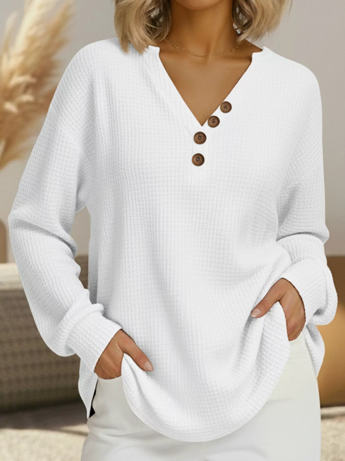 Isra - Casual waffle knit v-neck sweatshirt