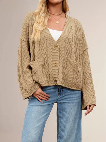 Zenitha - Stylish cable knit button-down loose cardigan