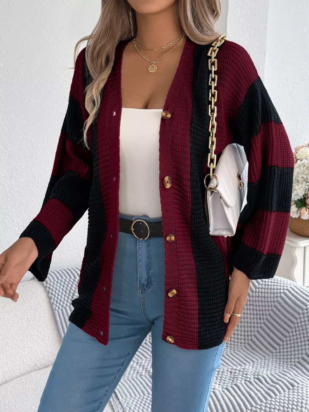 Zyla - Stylish color block stripe button-up cardigan