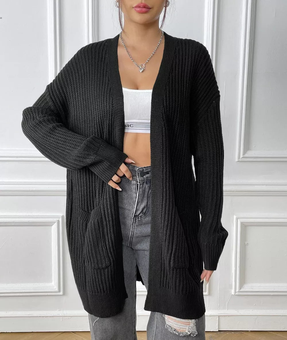 Kacy - Stylish ribbed knitted open front drop shoulder cardigan