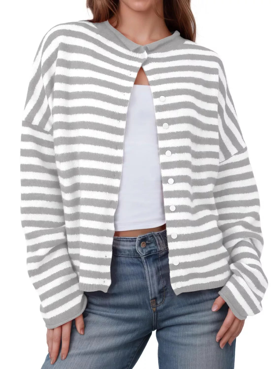 Wiktoria - Casual striped button-down knit cardigan