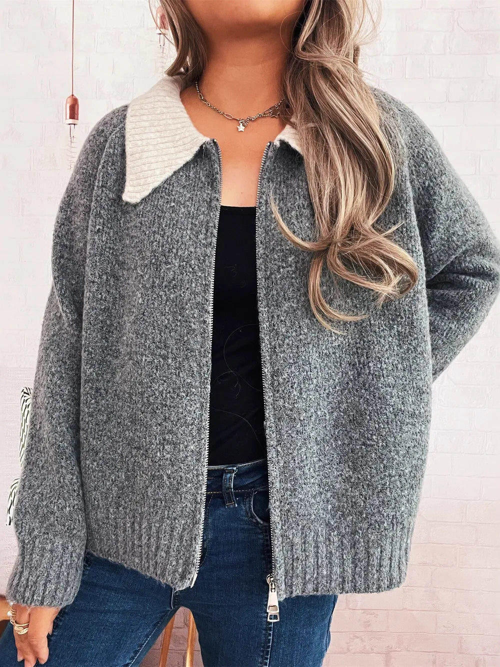 Zinaida - Stylish contrast collar zip-up cardigan