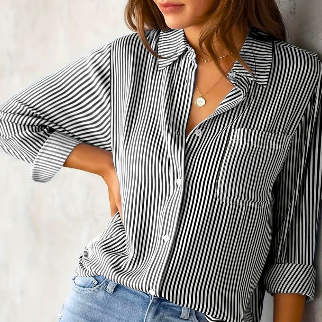 Nyanna - Elegant striped button-up polo blouse