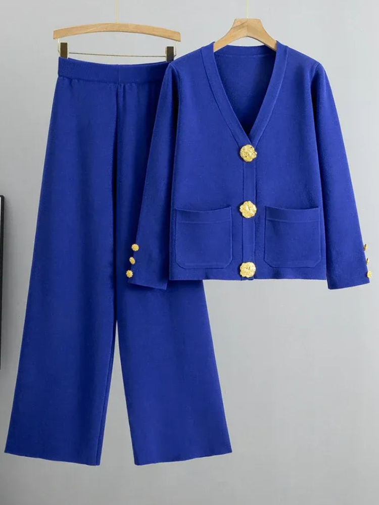 Rika - Elegant Knitted V-Neck Cardigan and Trousers Set