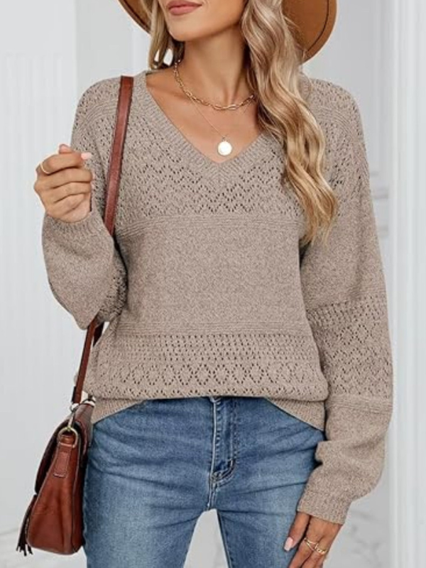 Gabby - Casual long sleeve V-neck eyelet jumper