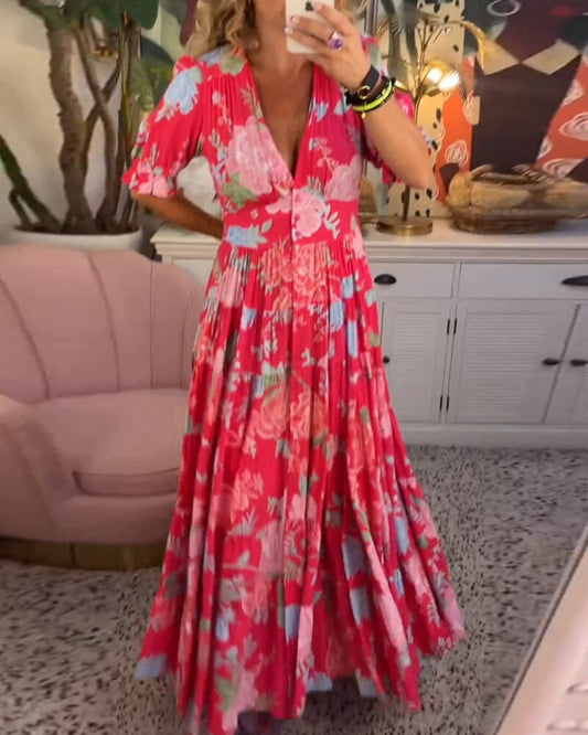Vannessa - Elegant long floral dress with deep V-neck