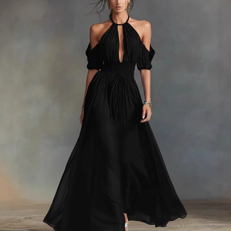 Maggie - Elegant halter neck off shoulder maxi dress