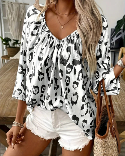 Xylaine - Elegant loose-fit leopard print V-neck long-sleeve blouse