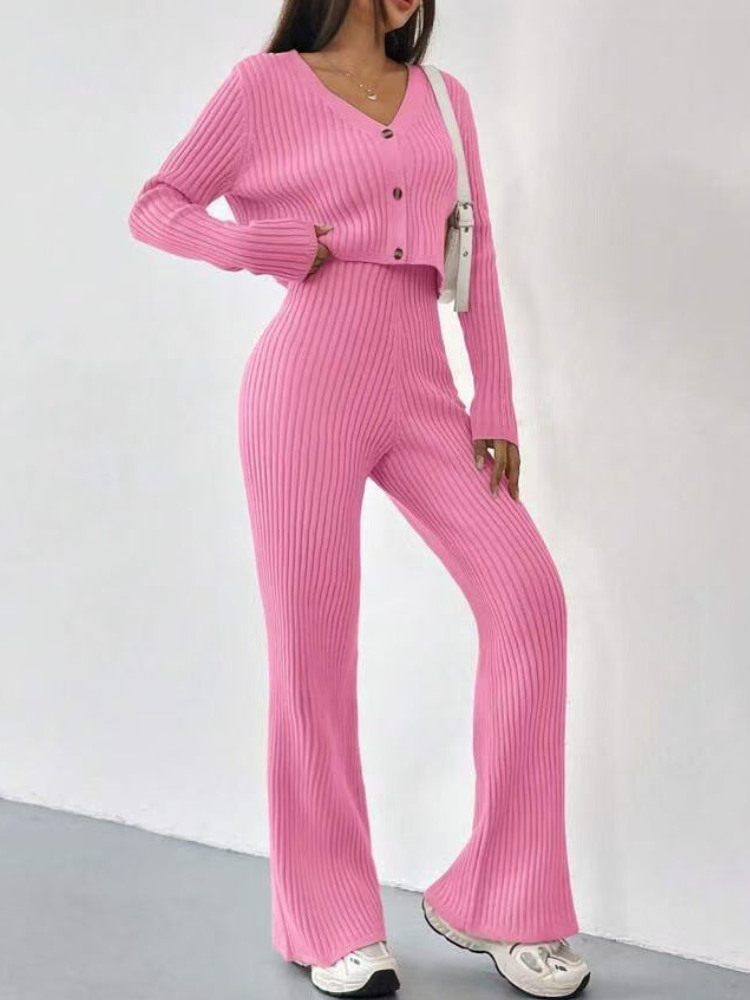 Zariah - Stylish ribbed knitted V-neck sweatshirt and pants set