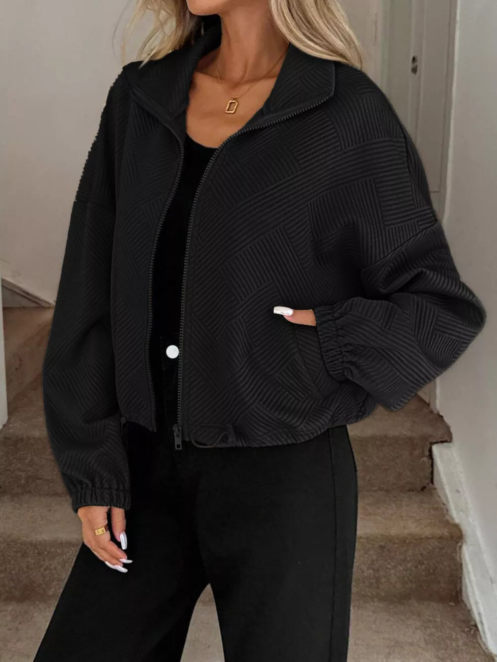 Lysa - Drawstring hem textured long sleeve jacket