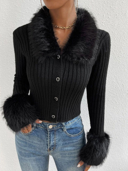 Ninette - Faux fur trim ribbed knit cropped cardigan