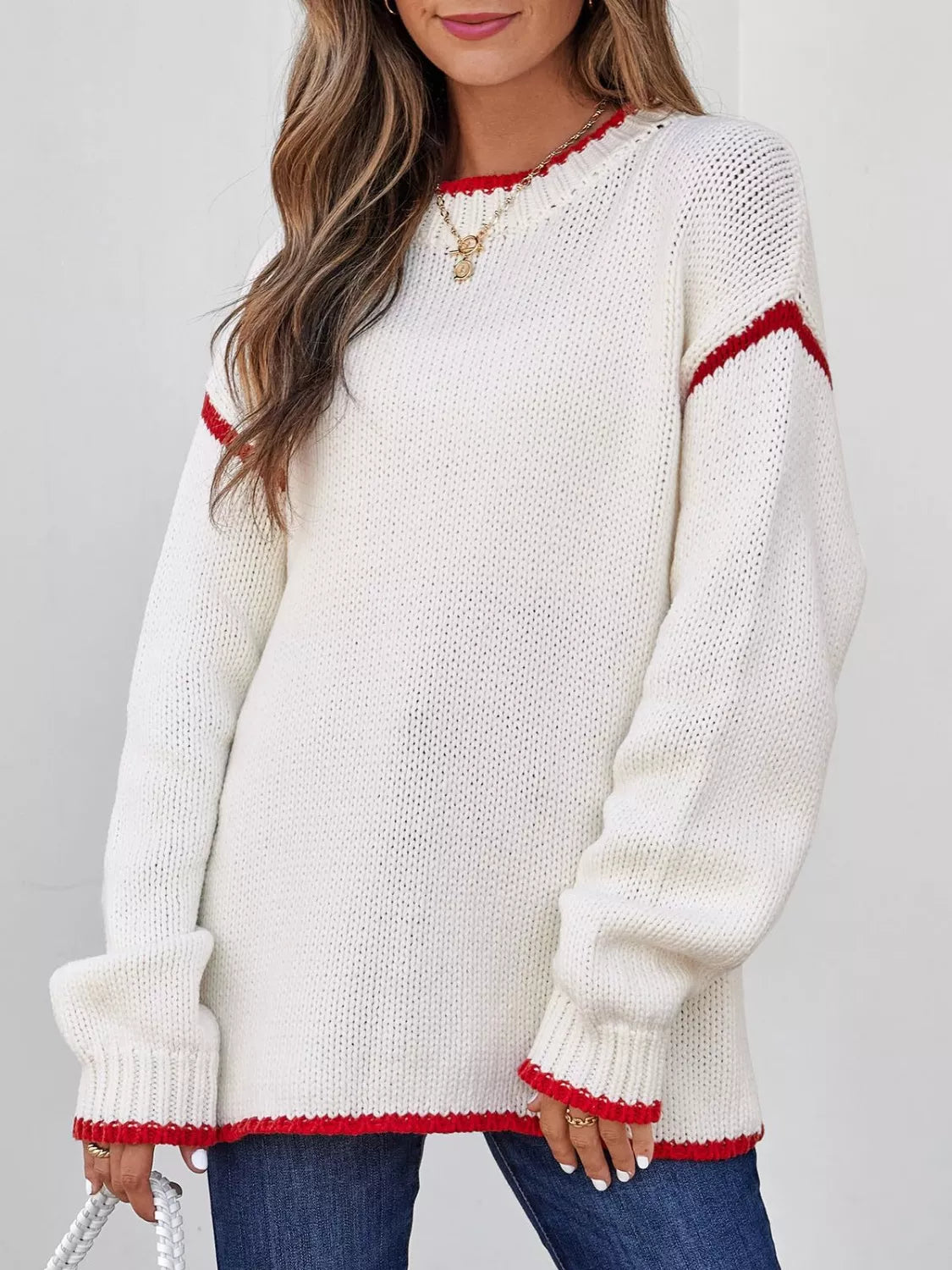 Vanya - Chic contrast trim round neck knitted sweater