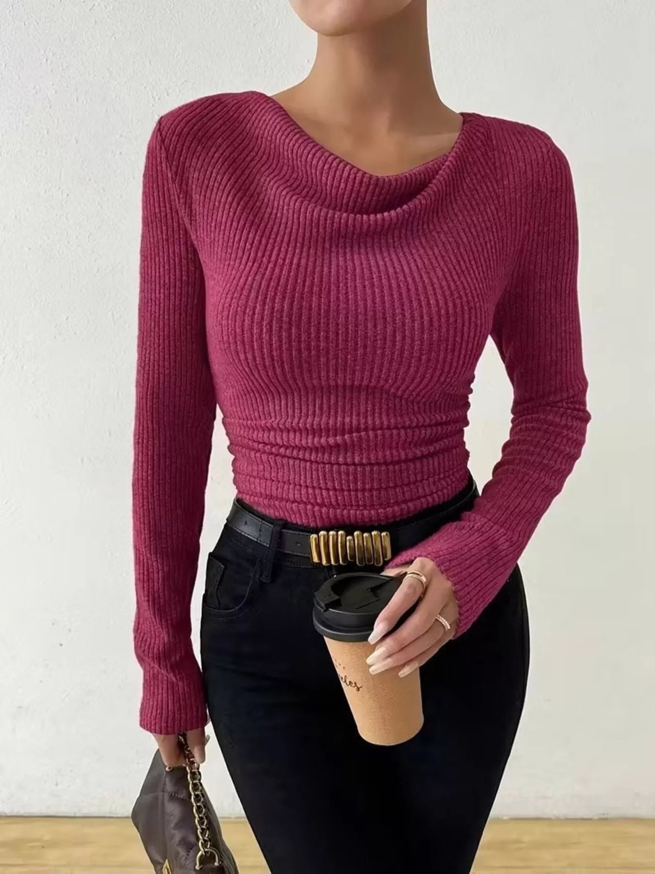 Ileana - Cowl neck ribbed knit sweatshirt