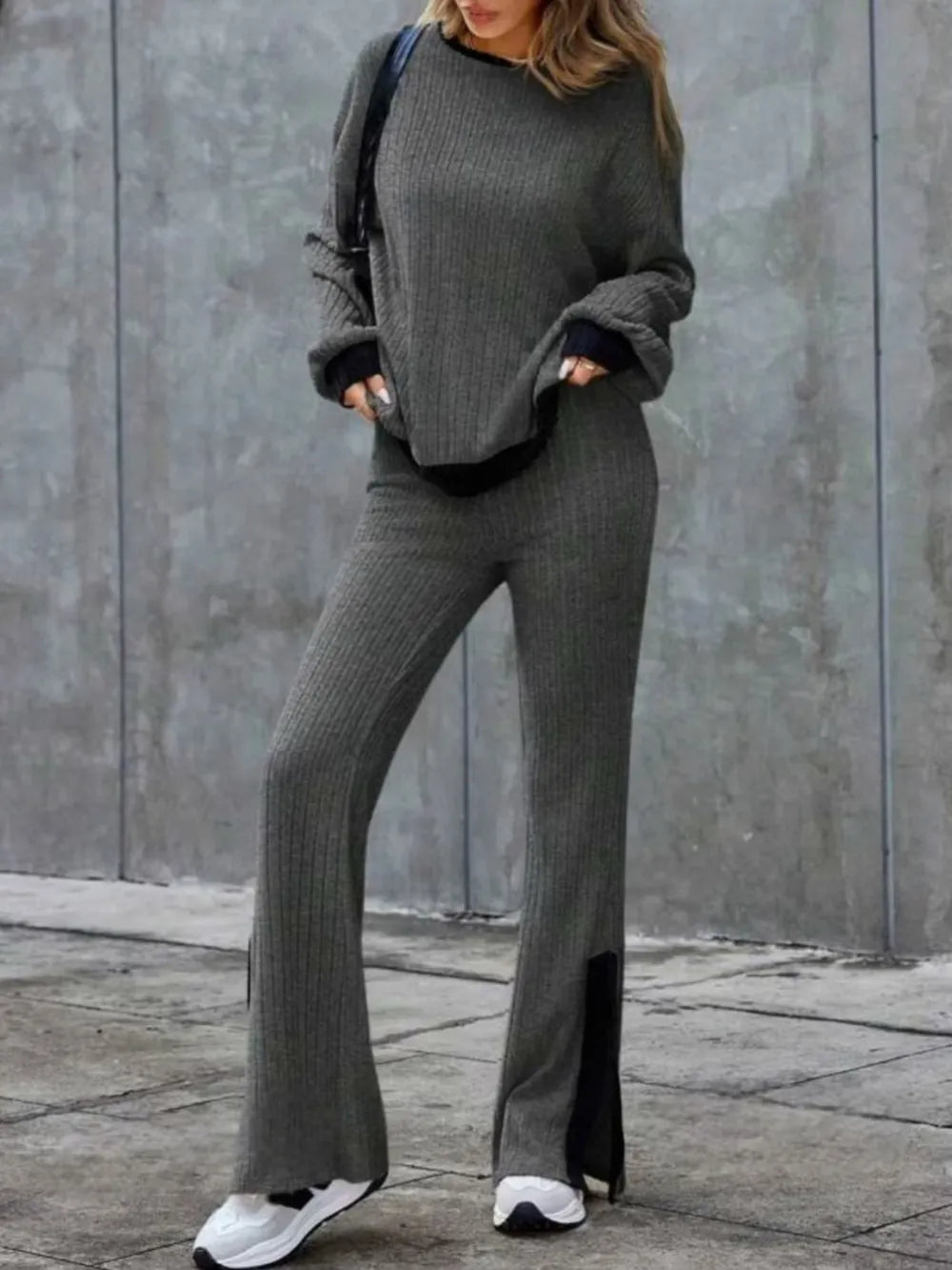 Devora - Contrast round neck long sleeve sweater and wide leg pants set