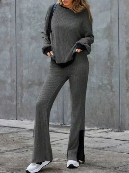 Devora - Contrast round neck long sleeve sweater and wide leg pants set